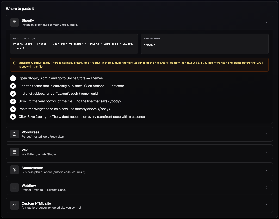 The Chatnapse install guide showing the exact paste location for Shopify (theme.liquid, above the closing body tag) plus WordPress, Wix, Squarespace, Webflow and custom sites